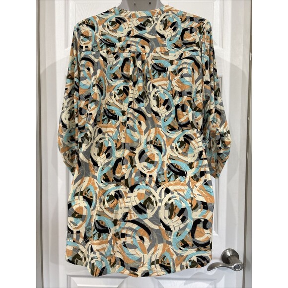 Notations Plus Size 1X Turquoise Gray Abstract Print Blouse Tunic Stretch Knit - Picture 6 of 8